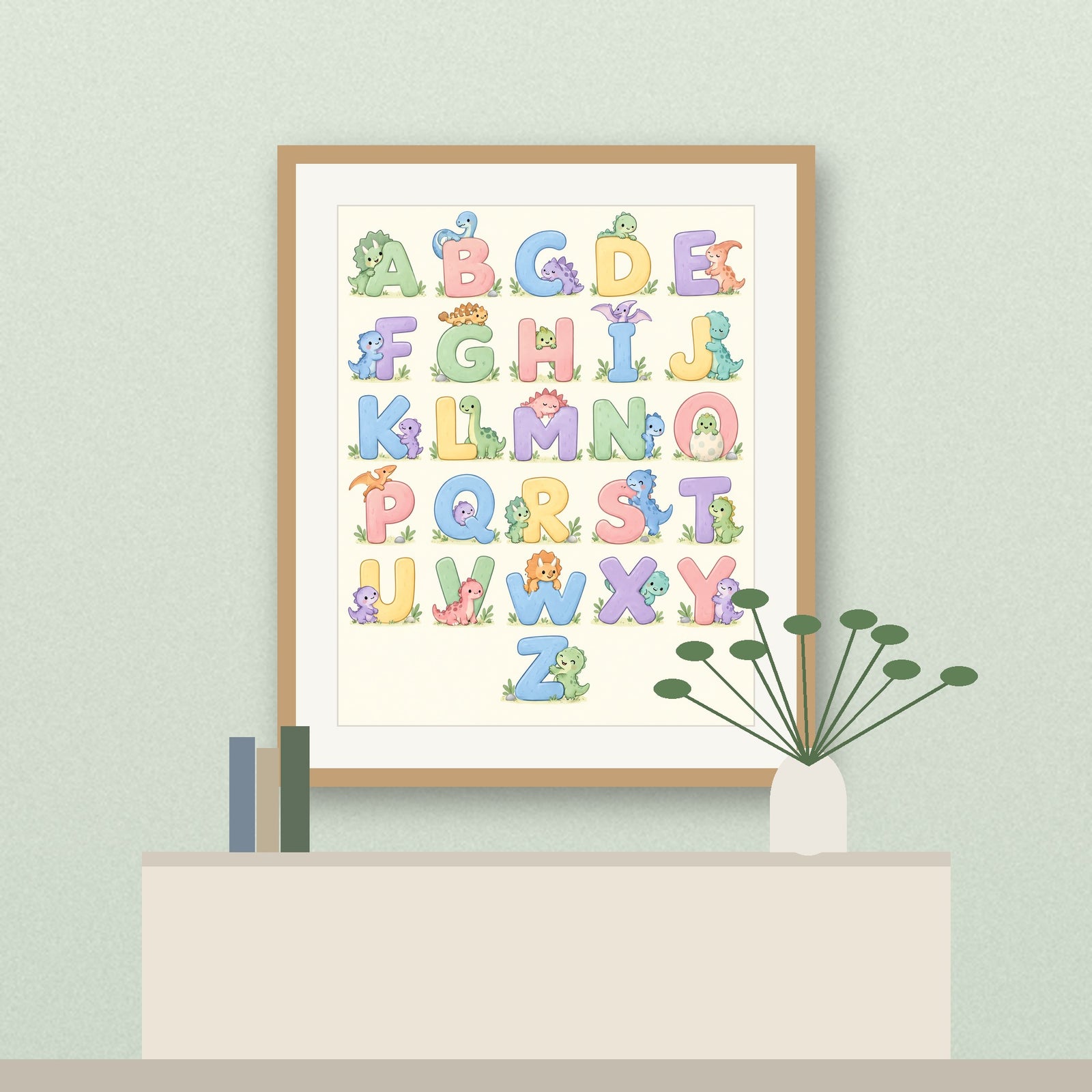 Dinosaur alphabet A to Z printable poster (framed preview)