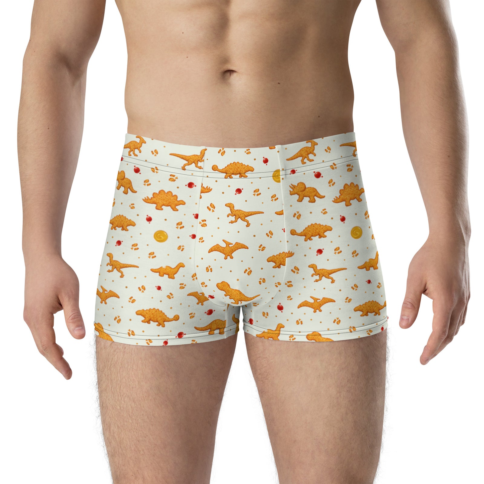 Dino Nuggies men's dinosaur boxer briefs - golden dino nugget pattern with ketchup dip cups on mint cream - front view
