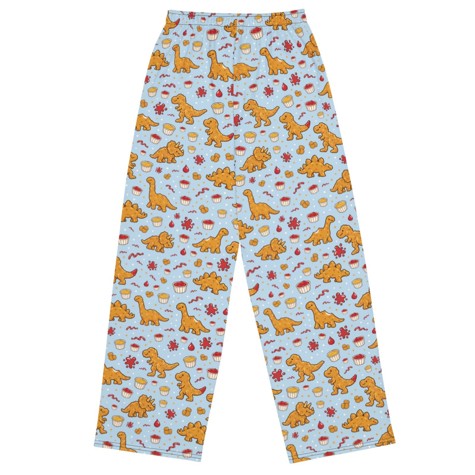 Dino Nuggies adult dinosaur pajama pants, back view, all-over dino nugget print on light blue