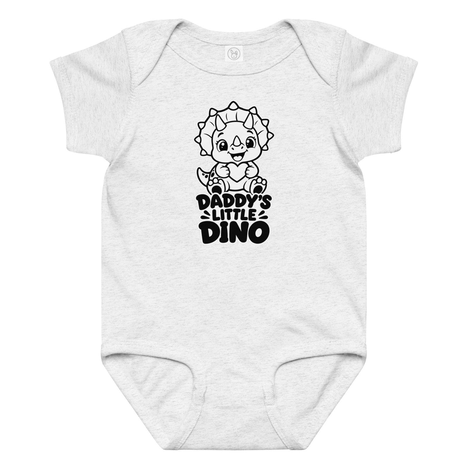 Daddy's Little Dino baby dinosaur bodysuit in Ash, black and white baby triceratops hugging a heart above DADDY'S LITTLE DINO text, front view