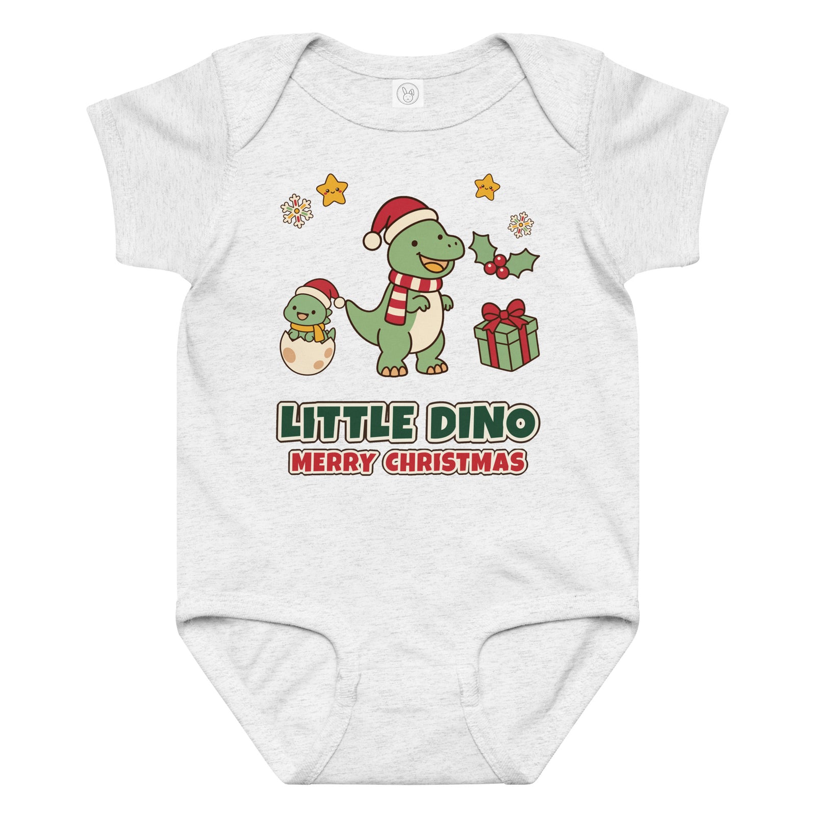 Little Dino Merry Christmas baby dinosaur Christmas bodysuit with Santa hat T-Rex - Ash - front view