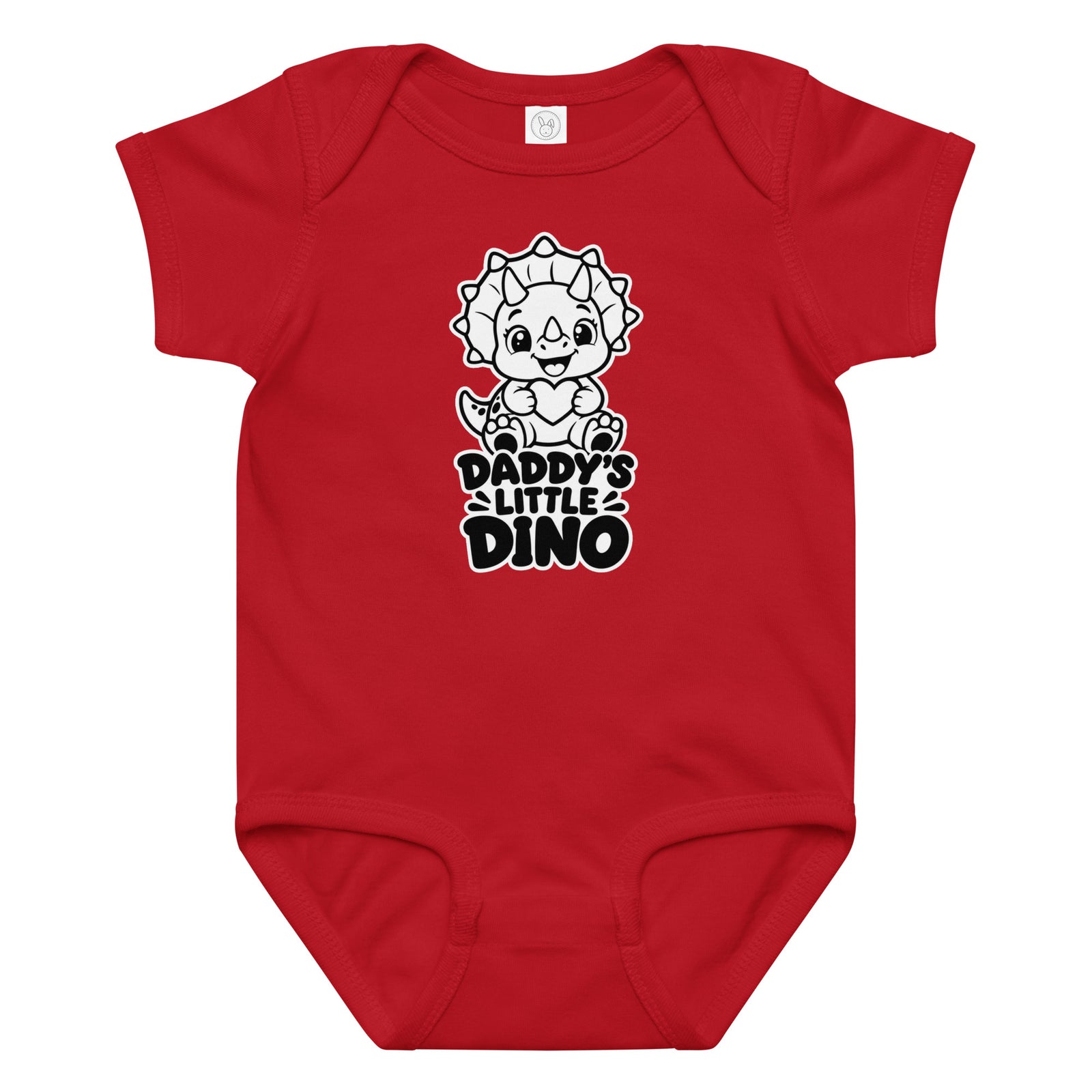 Daddy's Little Dino baby dinosaur bodysuit in Red, black and white baby triceratops hugging a heart above DADDY'S LITTLE DINO text, front view