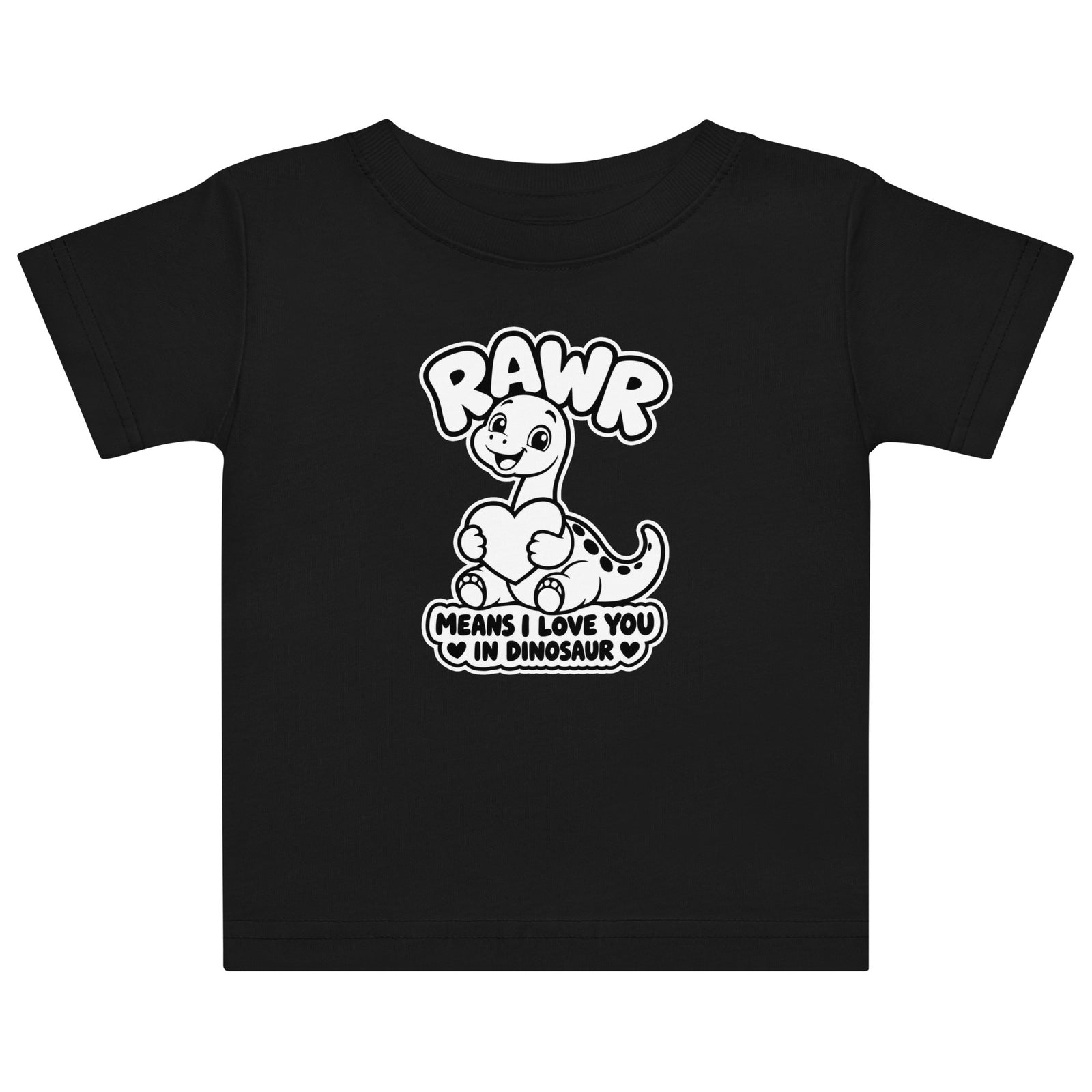Rawr Means I Love You baby dinosaur t-shirt in Black, black and white baby brontosaurus hugging a heart under RAWR text, front view