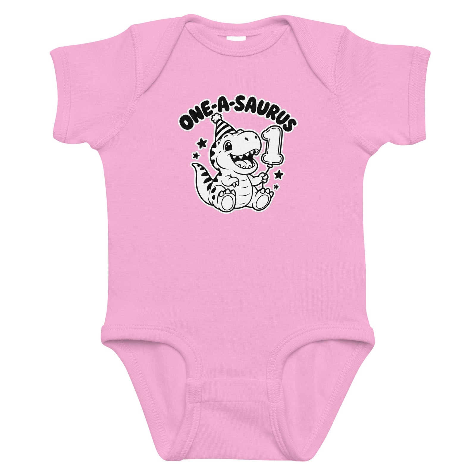 One-A-Saurus baby dinosaur first birthday bodysuit in Pink, black and white baby T-rex in a party hat holding a number 1 balloon, front view