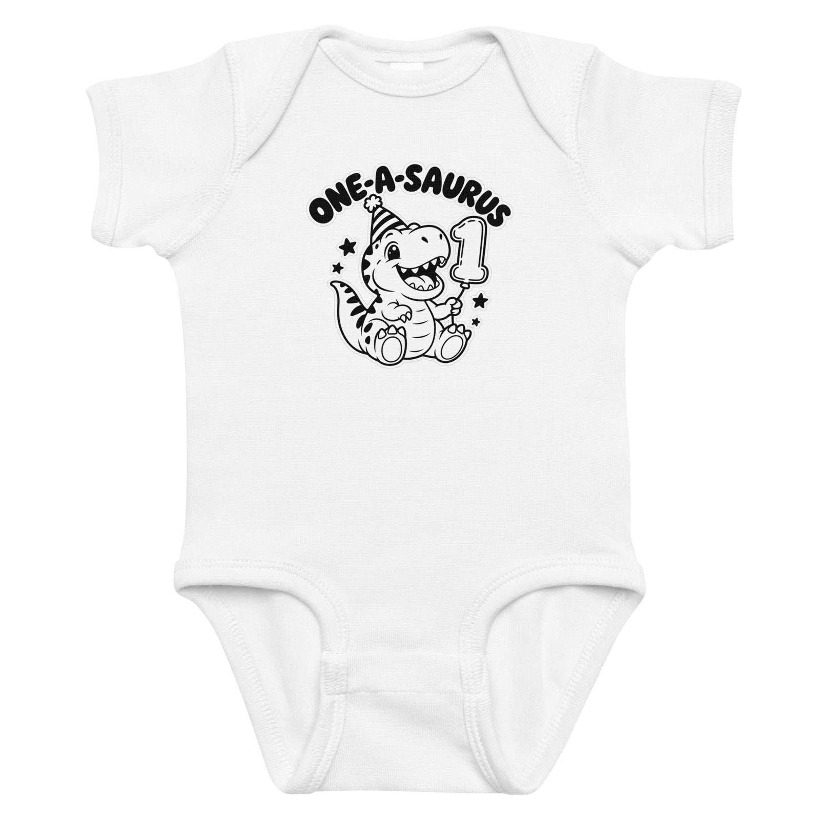 One-A-Saurus baby dinosaur first birthday bodysuit in White, black and white baby T-rex in a party hat holding a number 1 balloon, front view