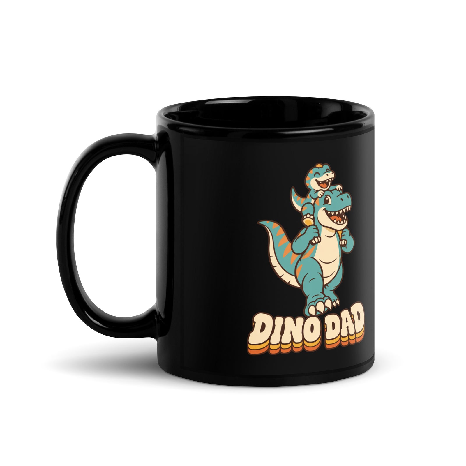 Piggyback Dino Dad black dinosaur mug with T-Rex dad and baby dino - 11 oz - handle on left