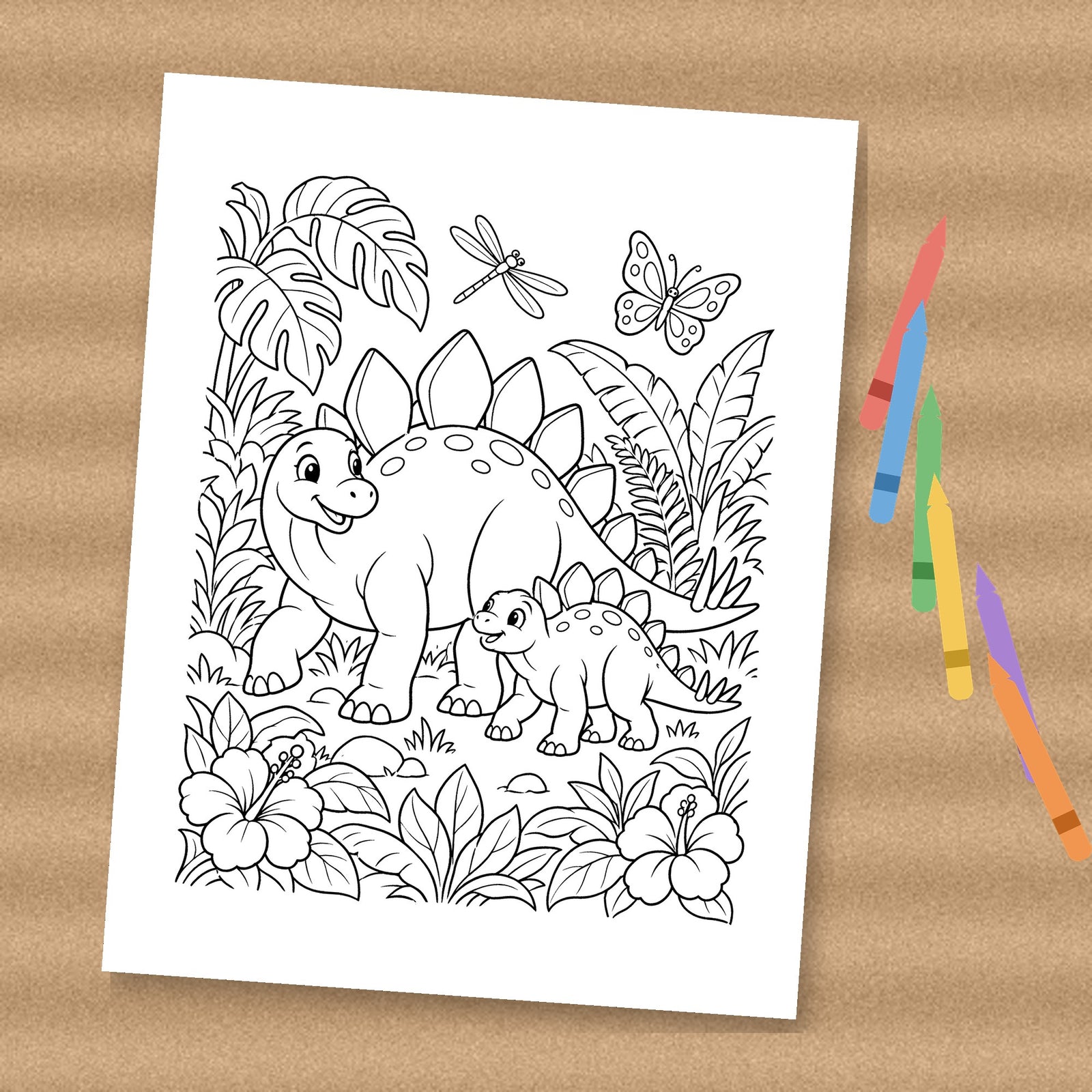 Stegosaurus jungle dinosaur coloring page printable (printed preview)