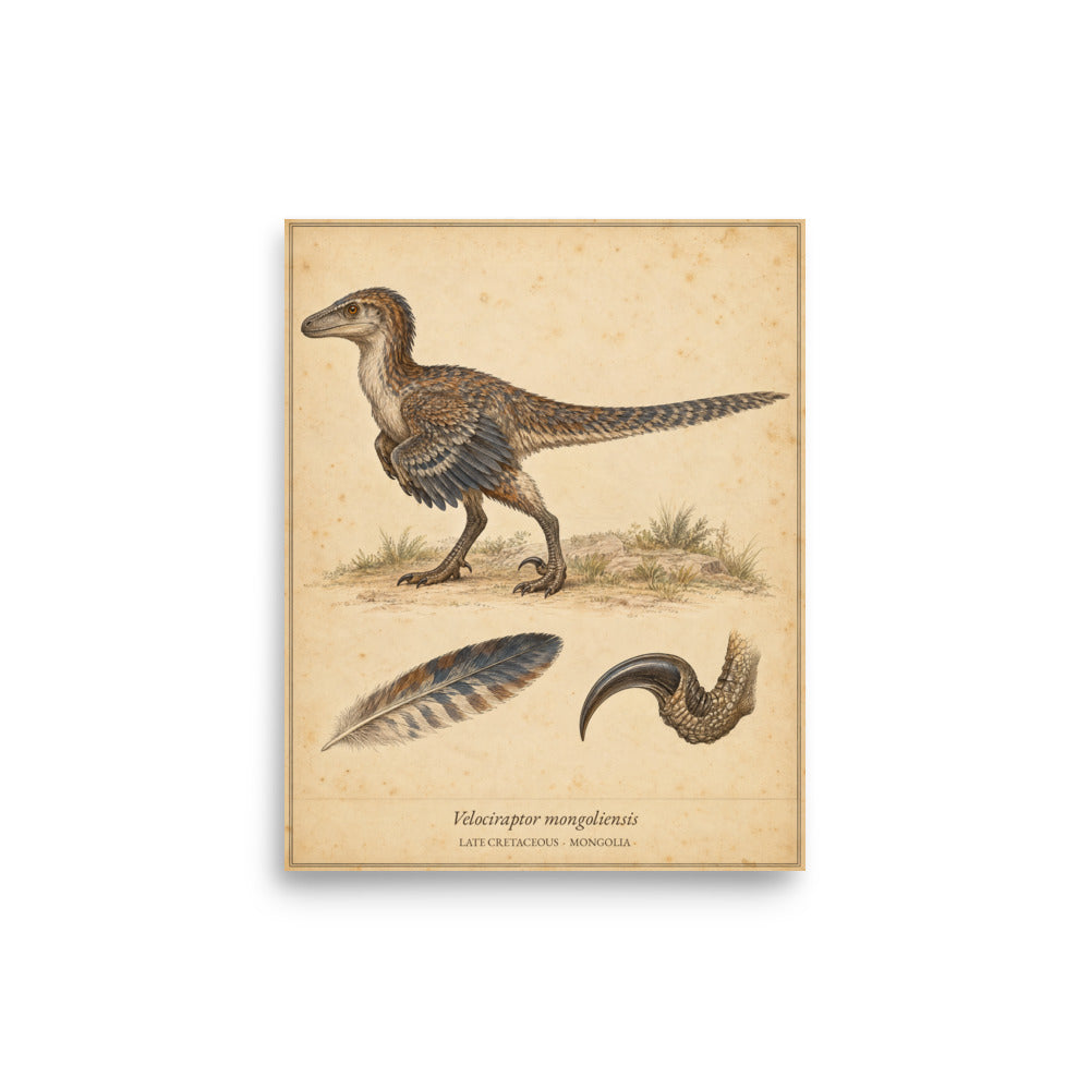 Velociraptor Natural History Plate dinosaur poster wall art mockup