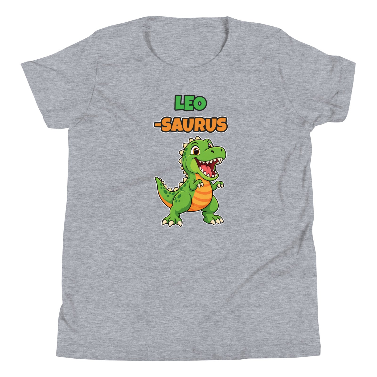 Name-Saurus personalized kids dinosaur t-shirt in Athletic Heather, green cartoon T-rex under the name LEO and the word SAURUS, flat front view