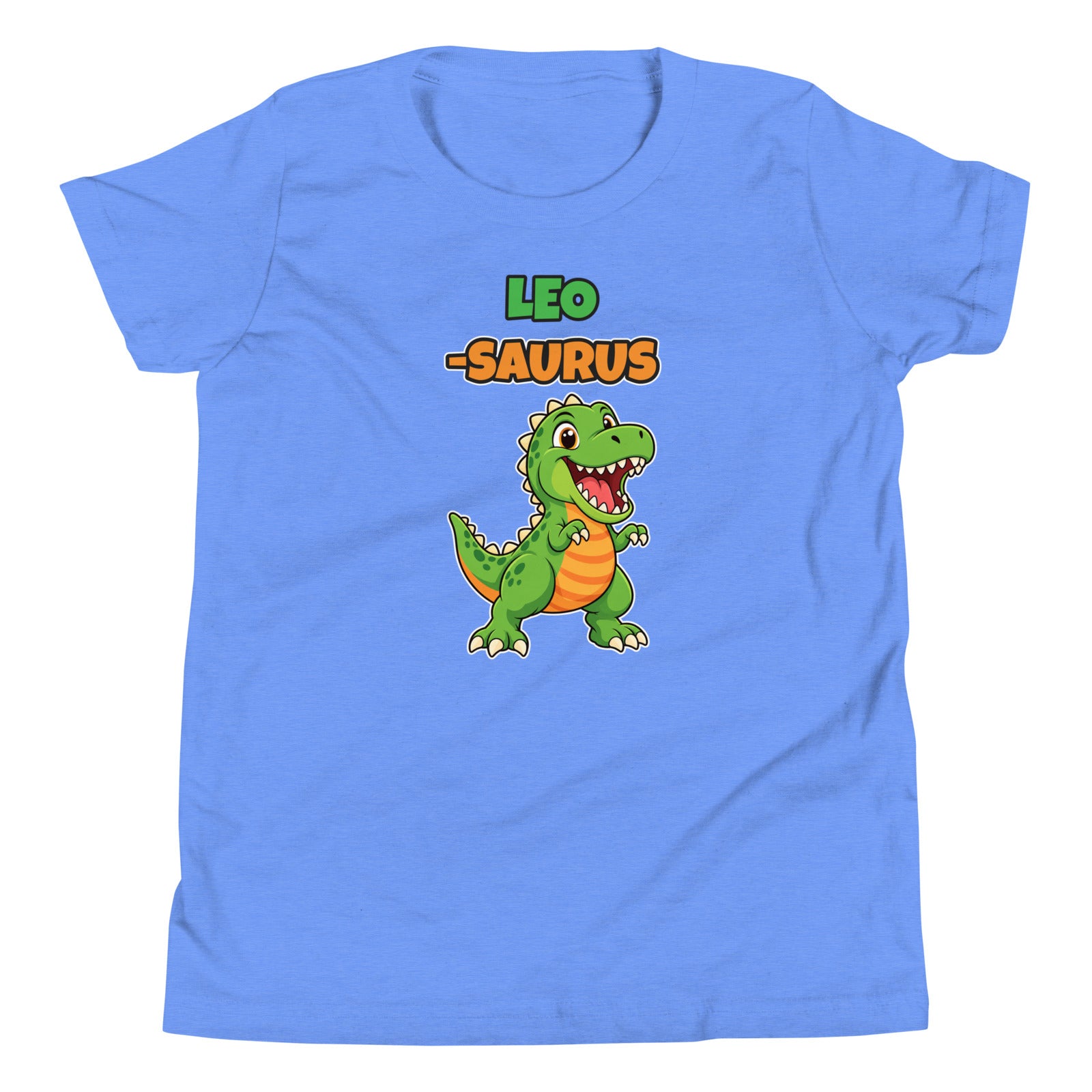 Name-Saurus personalized kids dinosaur t-shirt in Heather Columbia Blue, green cartoon T-rex under the name LEO and the word SAURUS, flat front view