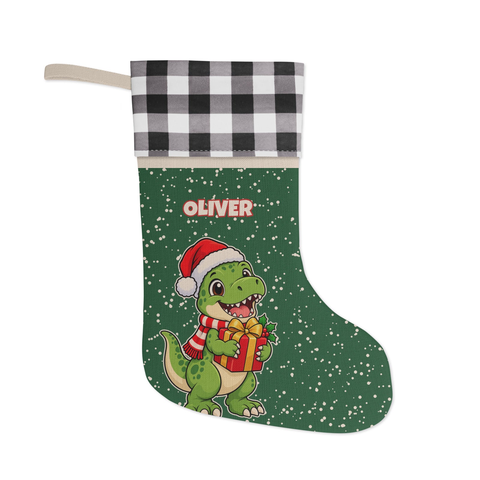 Present Rex personalized dinosaur Christmas stocking with black-and-white buffalo-plaid cuff, baby T-rex in a Santa hat hugging a gift under the name OLIVER on a snowy green boot