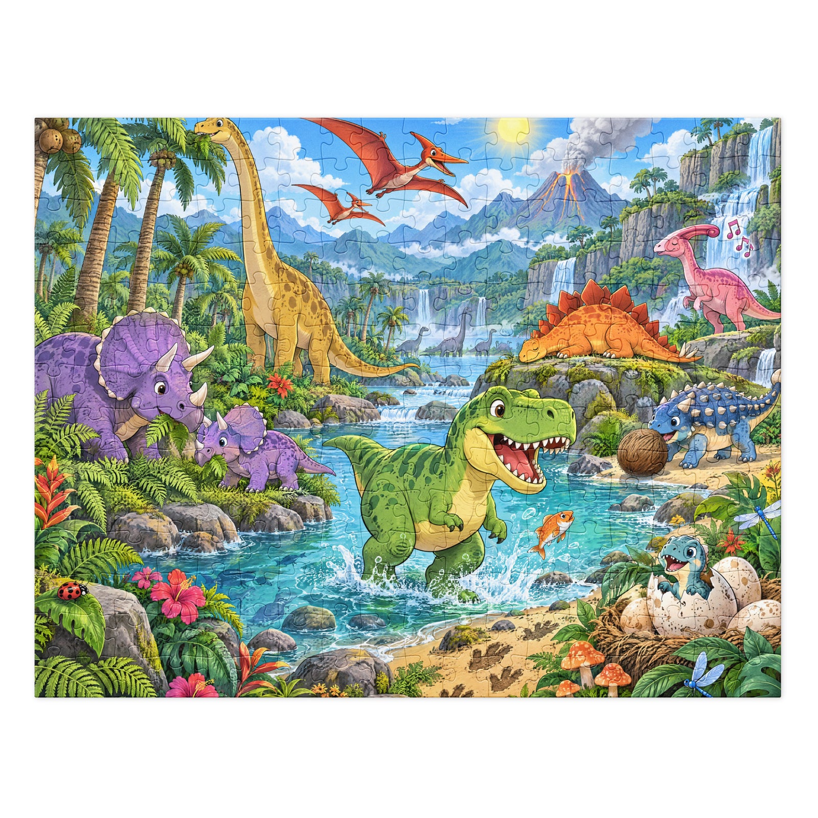Dino Valley dinosaur puzzle, 252 pieces, bright cartoon scene with a T-rex splashing in a river, triceratops, long-neck dinosaur and volcano