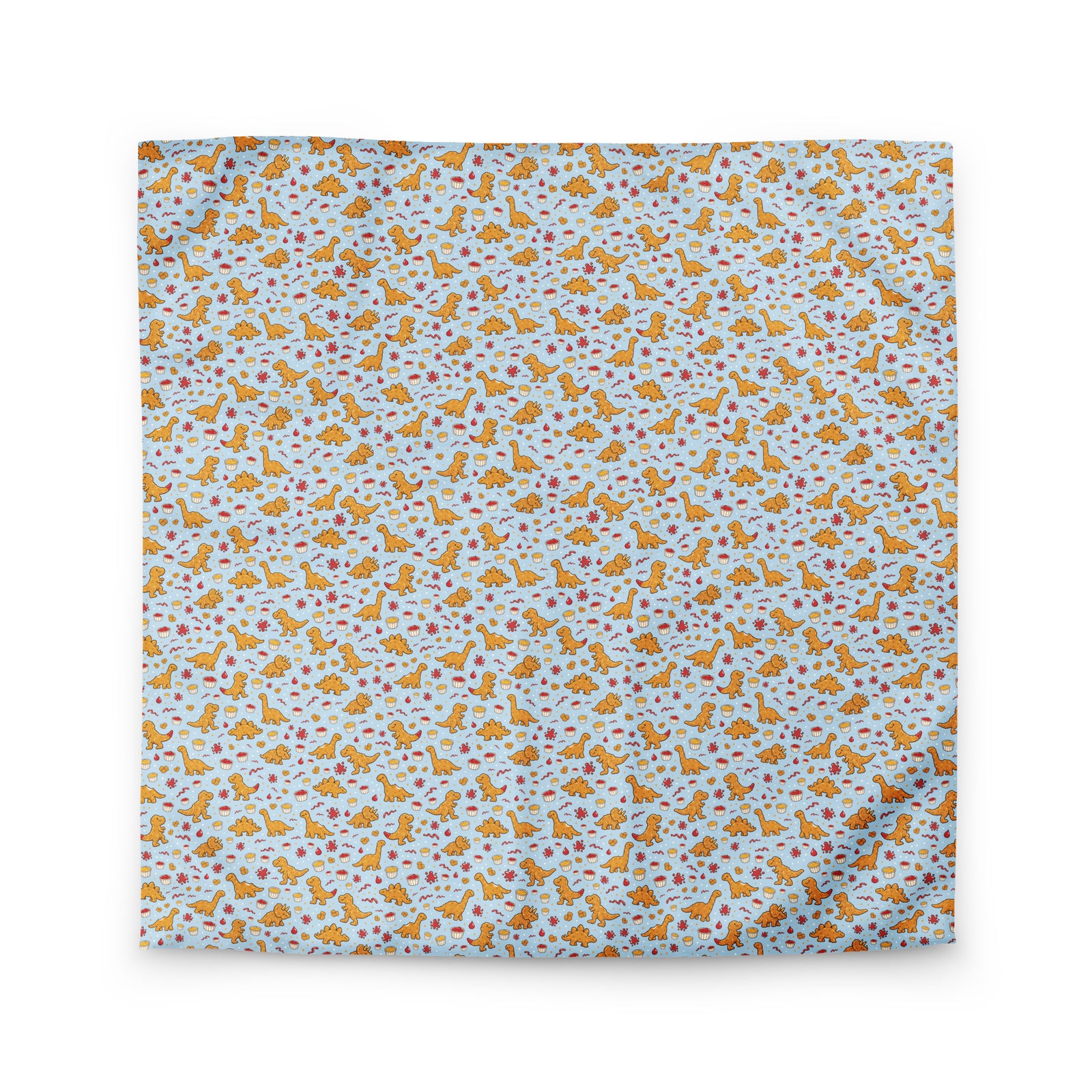 Dino Nuggies dinosaur duvet cover in queen size with T-rex, brontosaurus and stegosaurus nuggets and sauces on sky blue