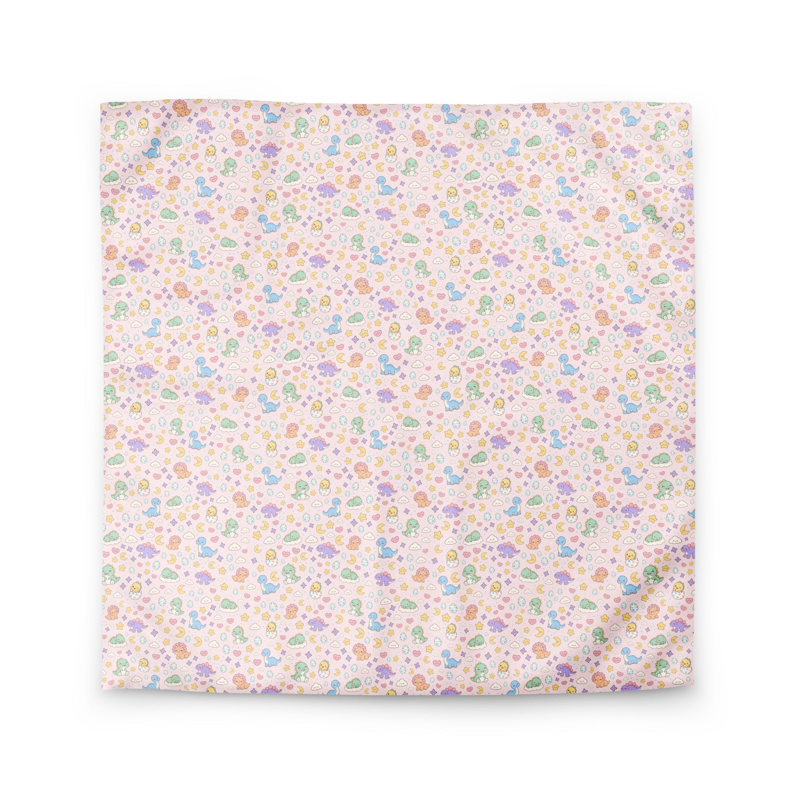 Pastel Dinos pink dinosaur bedding duvet cover in queen size with smiling baby dinosaurs, clouds and moons on blush pink