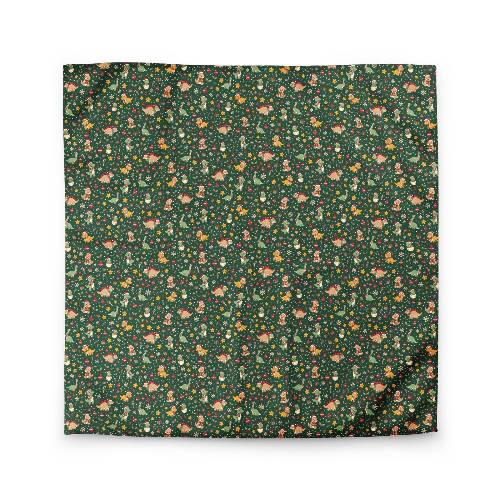 Cozy Christmas Dinos Christmas dinosaur bedding duvet cover in queen size with holiday dinosaurs, ornaments and stars on evergreen