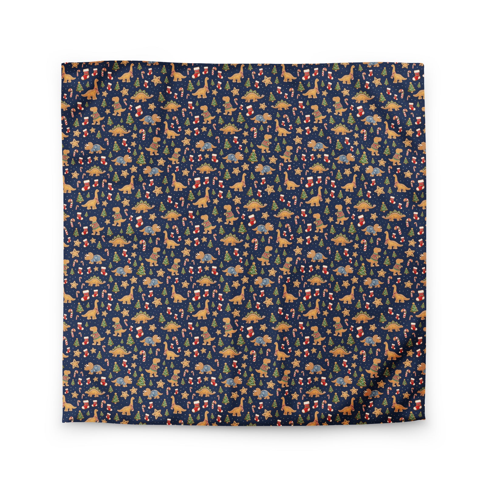 Gingerbread Dinosaurs gingerbread bedding duvet cover in queen size with iced dinosaur cookies, stars and Christmas trees on navy