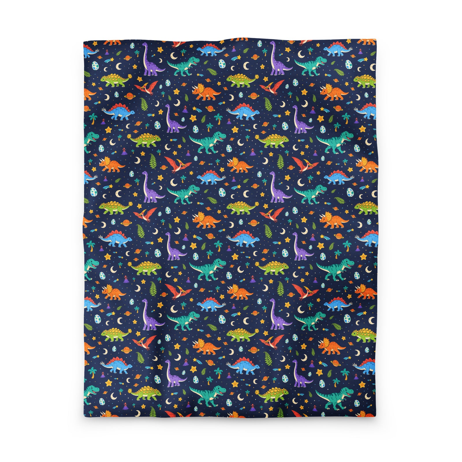 Dino Dreams kids dinosaur duvet cover in twin size, colorful T-rex, triceratops, stegosaurus, brachiosaurus, ankylosaurus and pteranodon with stars, moons and planets on navy