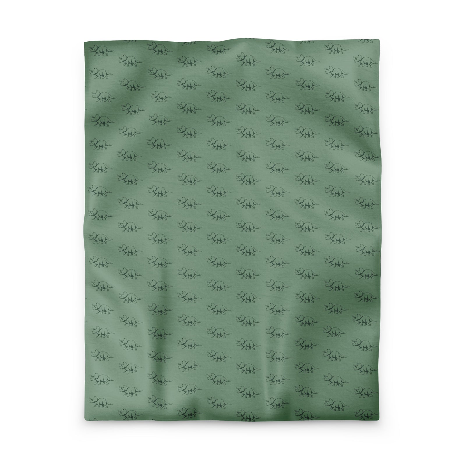Sage Triceratops neutral dinosaur duvet cover in twin size, minimal repeat of fine-line forest green triceratops on sage green