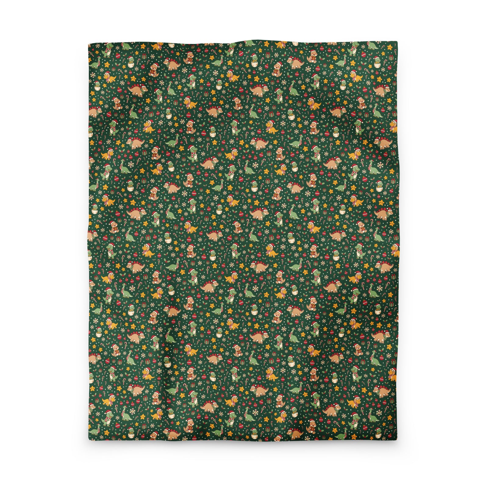Cozy Christmas Dinos Christmas dinosaur duvet cover in twin size, Santa-hat T-rex, stegosaurus and triceratops with gifts and holly on evergreen