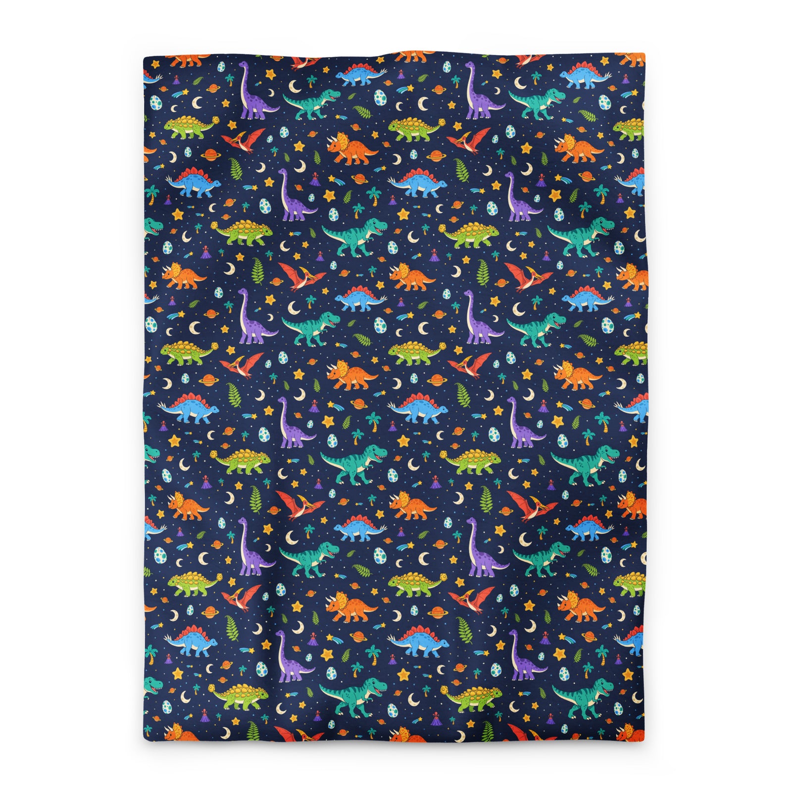 Dino Dreams dinosaur duvet cover, Twin XL, colorful cartoon dinosaurs under a starry night sky on a navy background