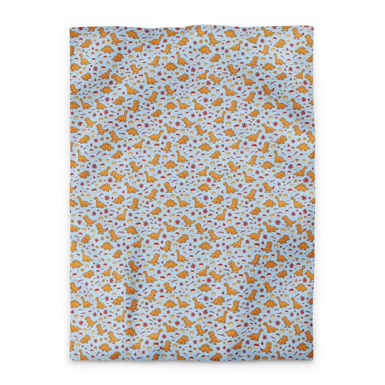 Dino Nuggies dinosaur duvet cover, Twin XL, golden dino nugget pattern on a light blue background