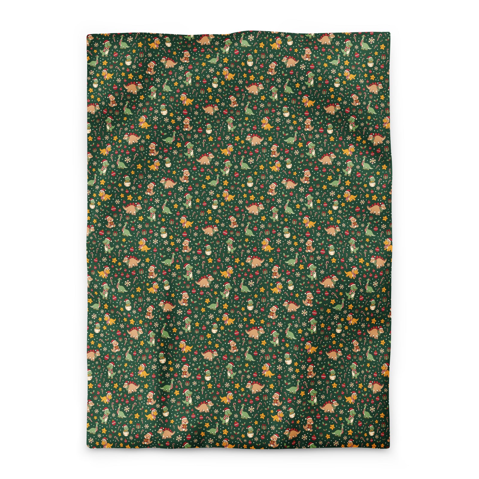 Cozy Christmas Dinos dinosaur Christmas duvet cover, Twin XL, festive dinosaurs, candy canes and snowflakes on dark green