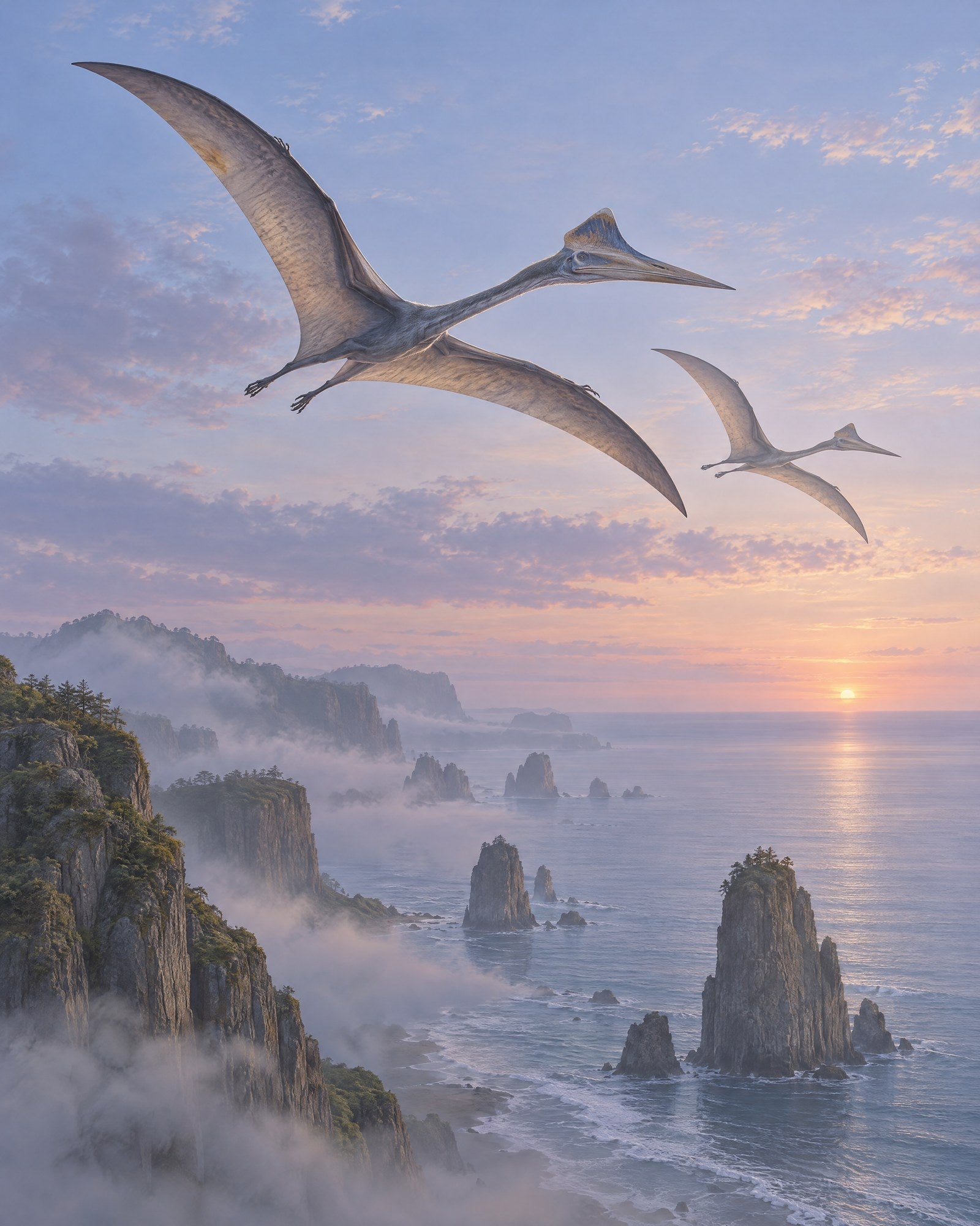 Pterosaurs over a misty coast prehistoric wall art printable