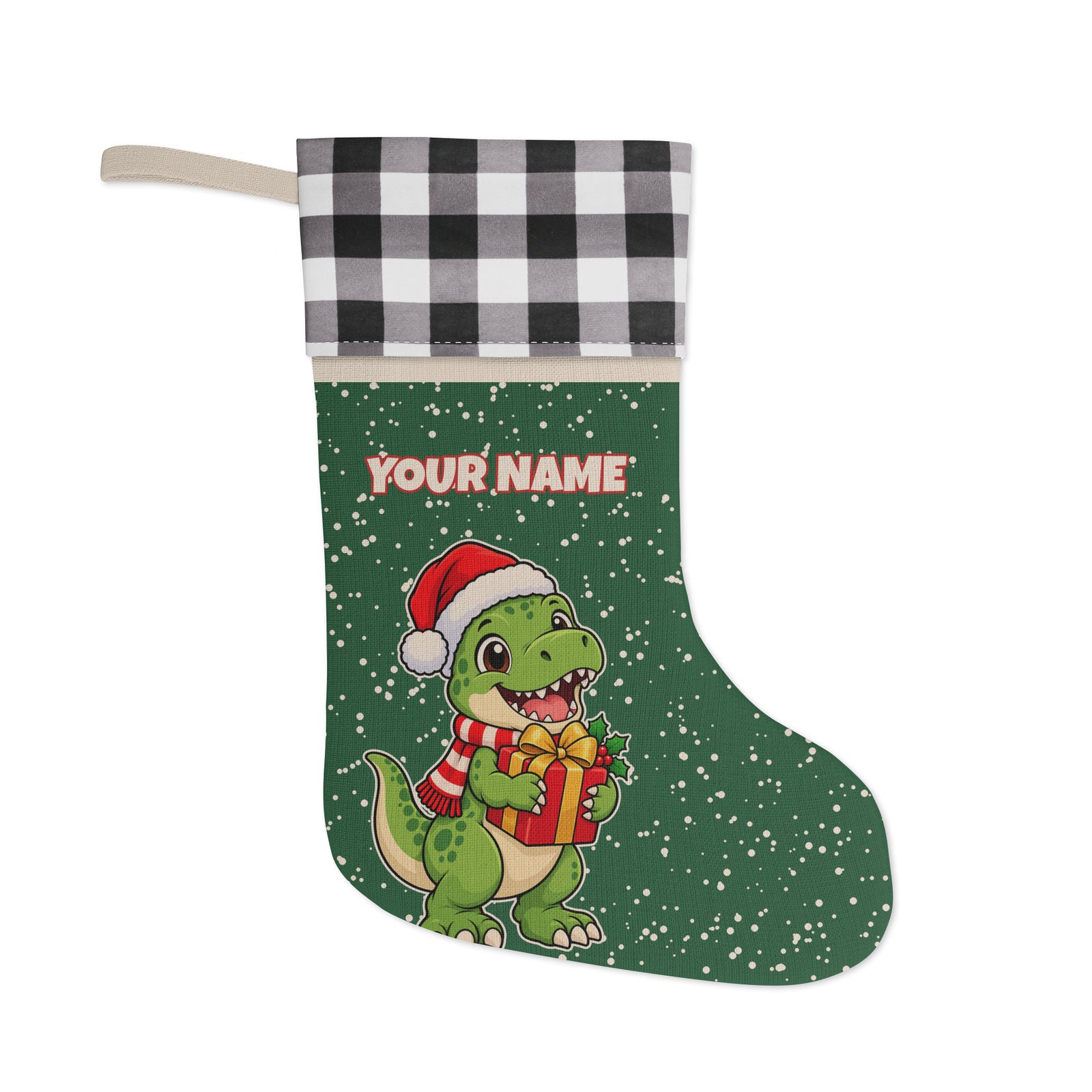 Present Rex personalized dinosaur Christmas stocking with black-and-white buffalo-plaid cuff, Printful preview with placeholder text YOUR NAME where the name prints