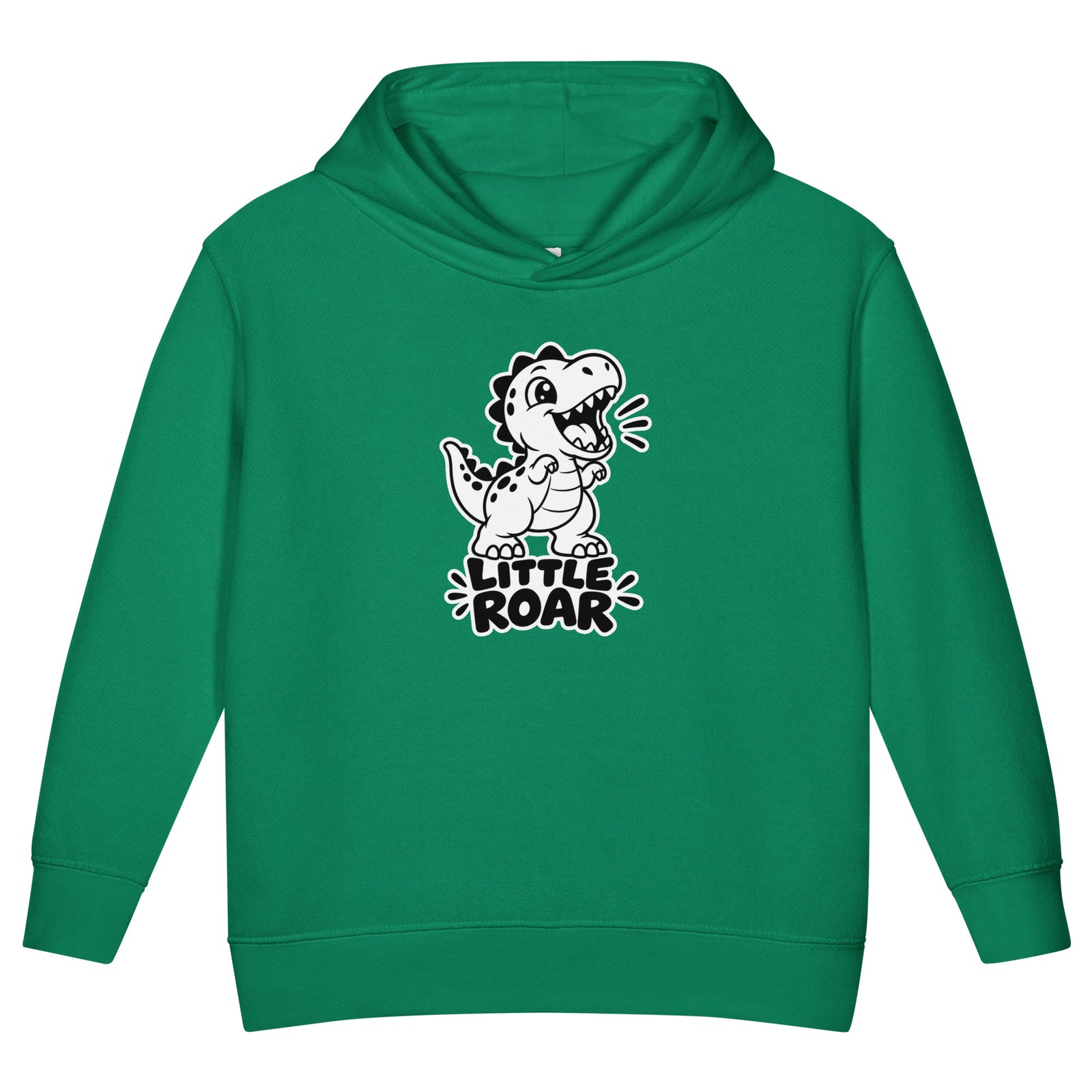 Little Roar toddler dinosaur hoodie in Kelly, black and white roaring baby T-rex above LITTLE ROAR text, front view