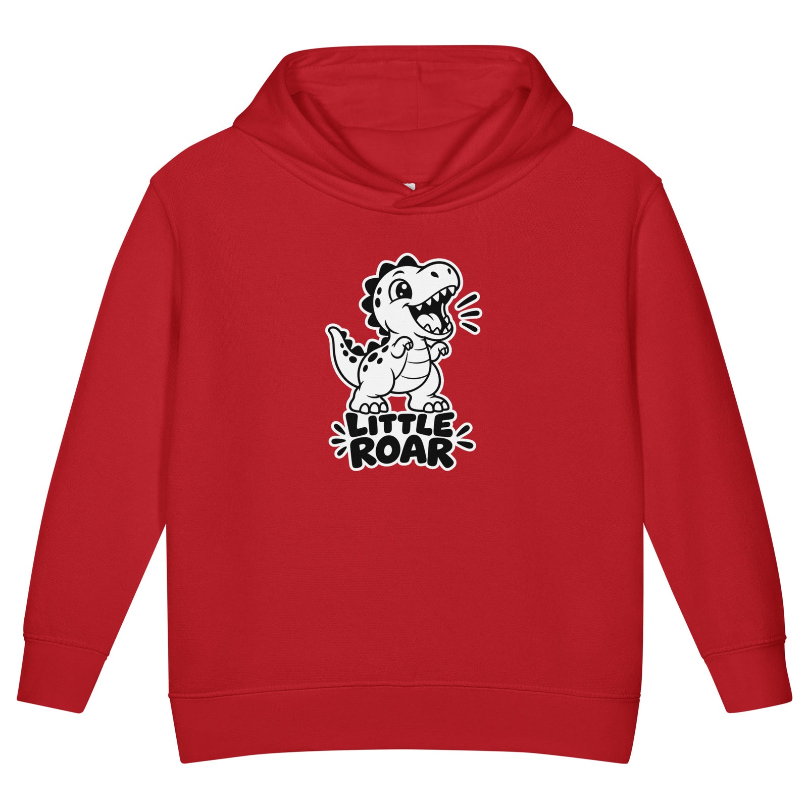 Little Roar toddler dinosaur hoodie in Red, black and white roaring baby T-rex above LITTLE ROAR text, front view