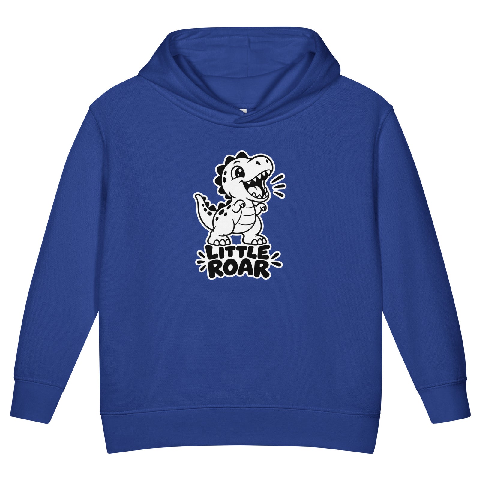 Little Roar toddler dinosaur hoodie in Royal, black and white roaring baby T-rex above LITTLE ROAR text, front view