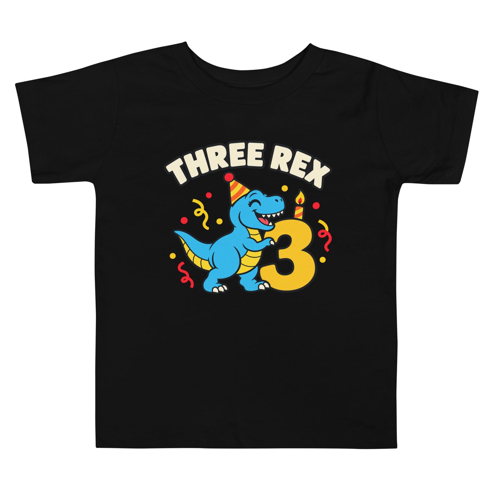 Toddler Black T-Shirt with Three Rex birthday design, front view