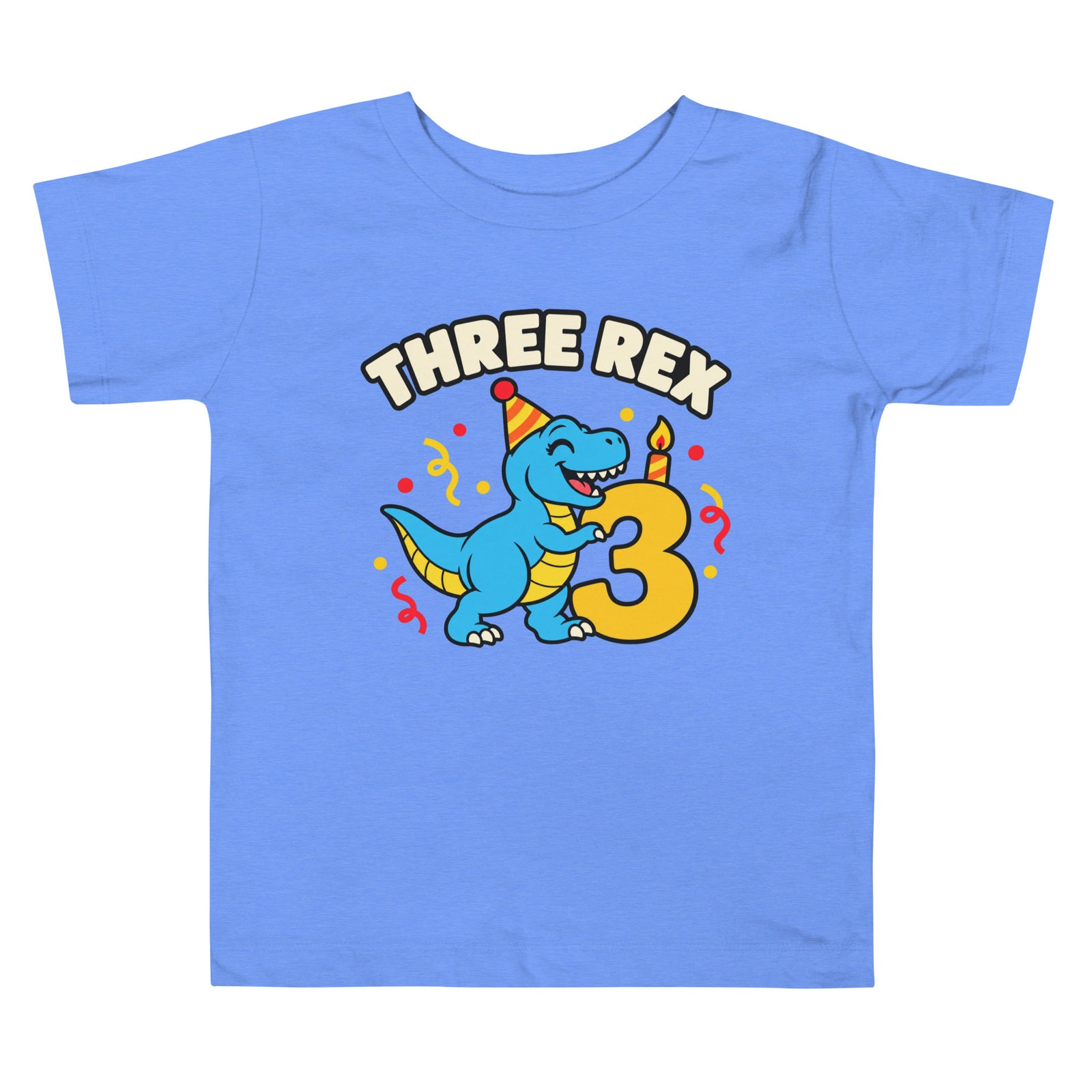 Toddler Heather Columbia Blue T-Shirt with Three Rex birthday design, front view