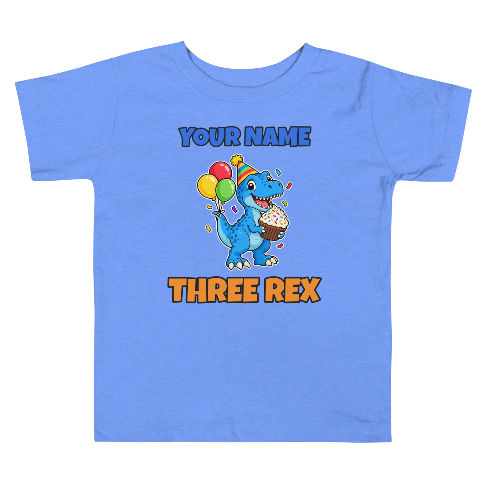 Birthday Rex personalized dinosaur t-shirt in , Printful preview with placeholder text YOUR NAME where the child's name prints, front view