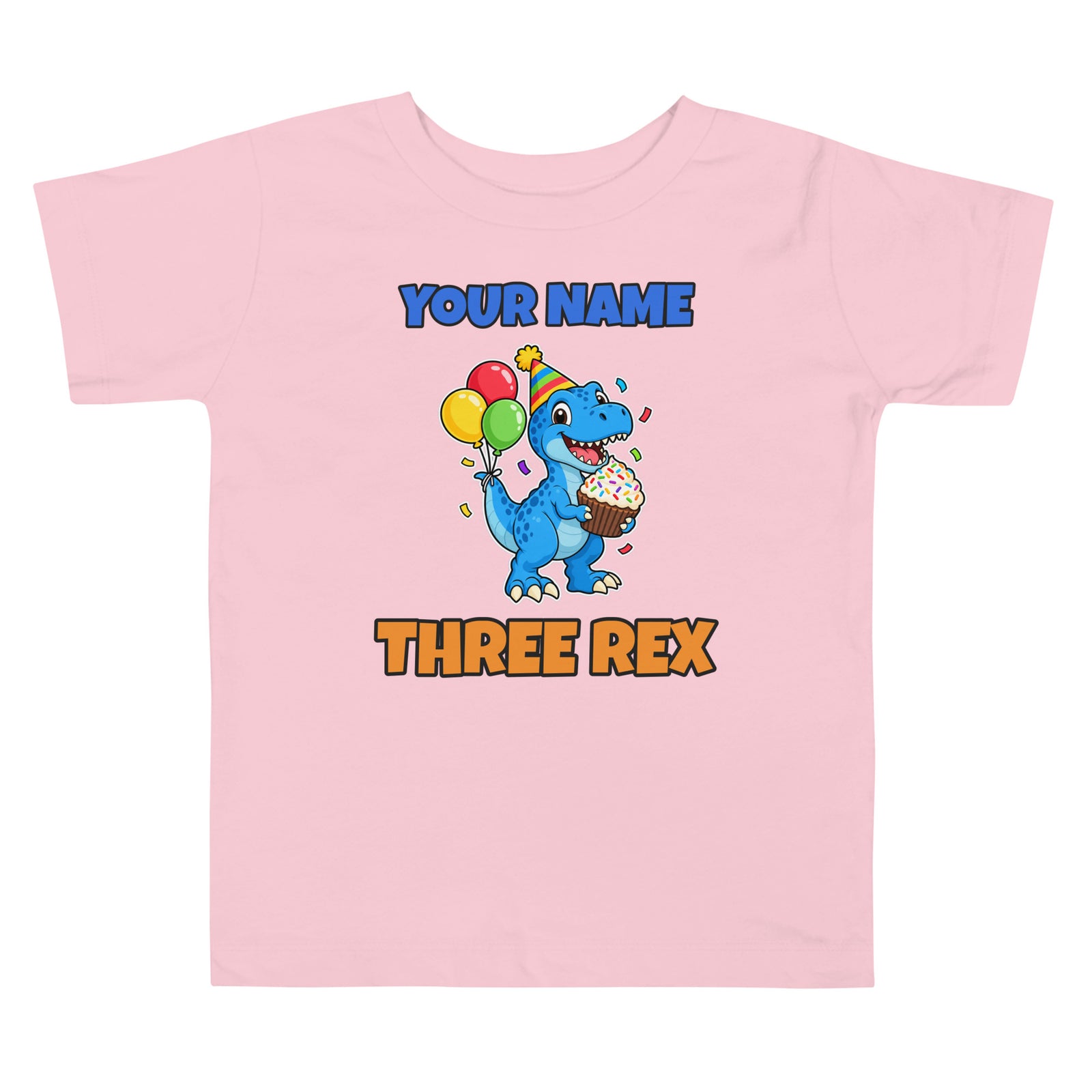 Birthday Rex personalized dinosaur t-shirt in , Printful preview with placeholder text YOUR NAME where the child's name prints, front view
