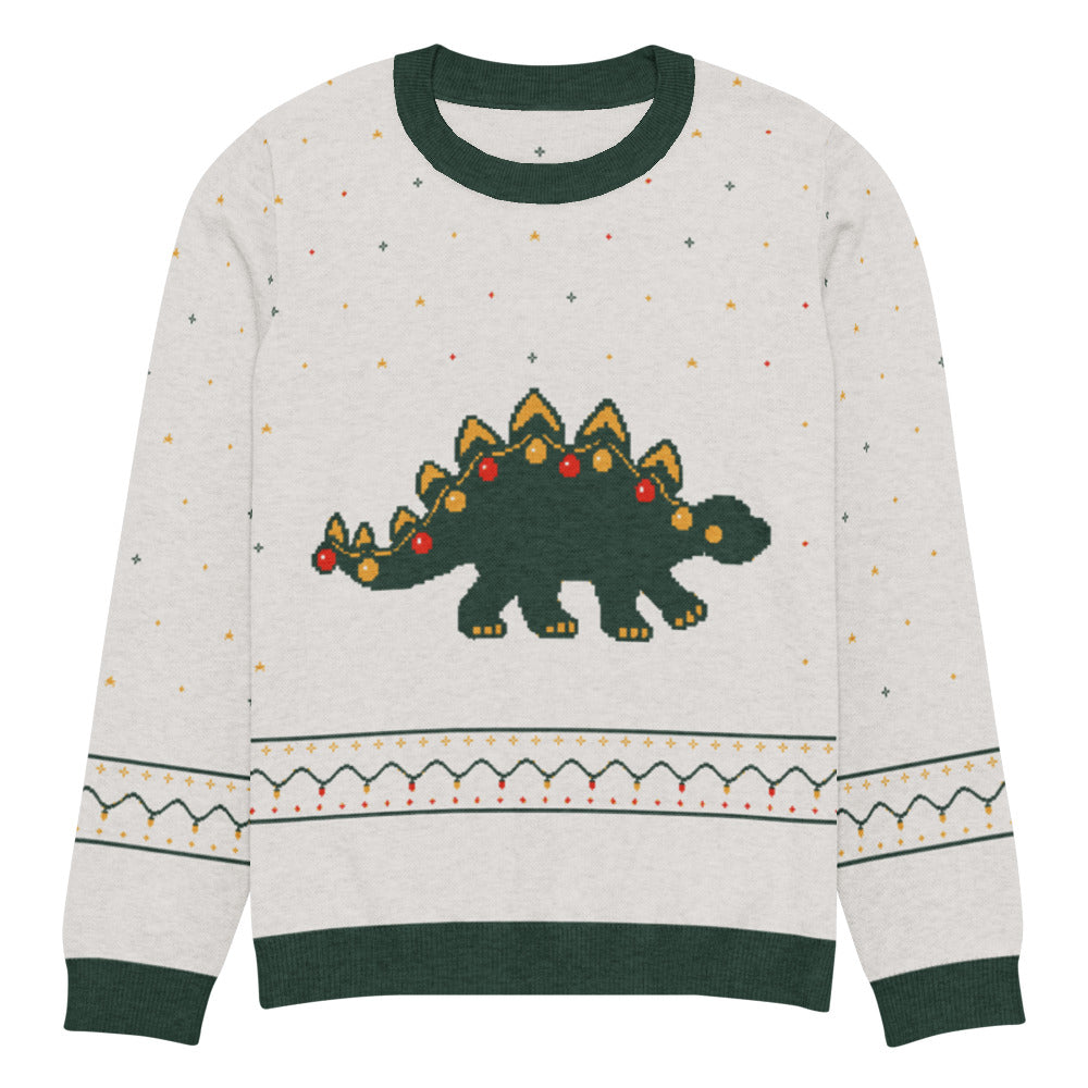 Merry and Bright stegosaurus knitted Christmas sweater in cream with a green stegosaurus wrapped in red and gold Christmas lights and a fair-isle light-bulb band