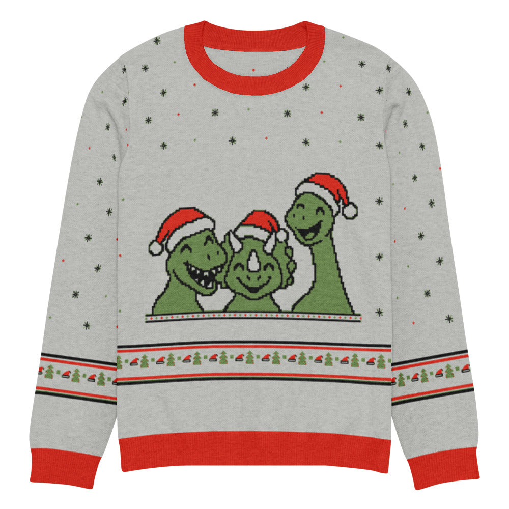 Santa Hat Dinos knitted ugly Christmas sweater in light grey with a green T-rex, triceratops and brachiosaurus wearing red Santa hats above a bead garland, plus a fair-isle Santa hat band