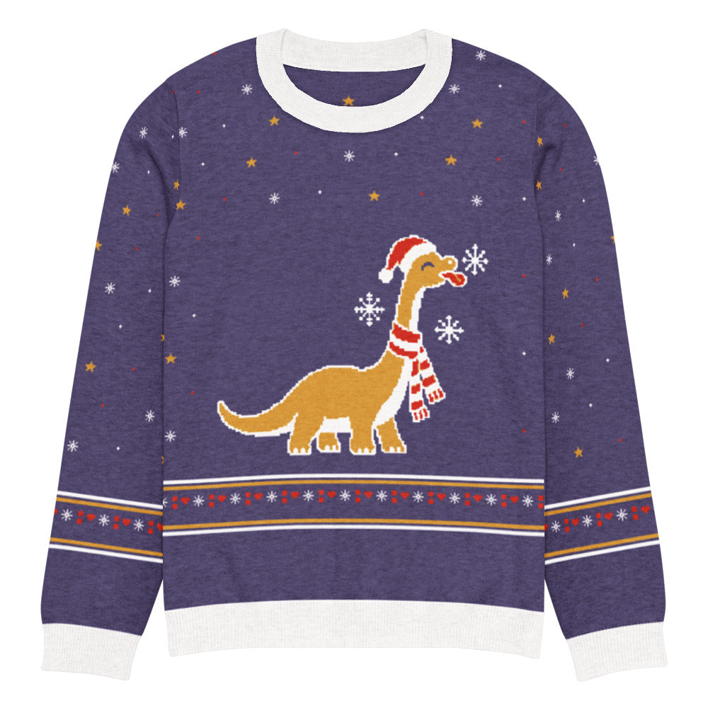 Let It Snow brachiosaurus knitted dinosaur Christmas sweater in violet with a gold long-neck dinosaur in a Santa hat and striped scarf catching a snowflake, plus a fair-isle snowflake and heart band