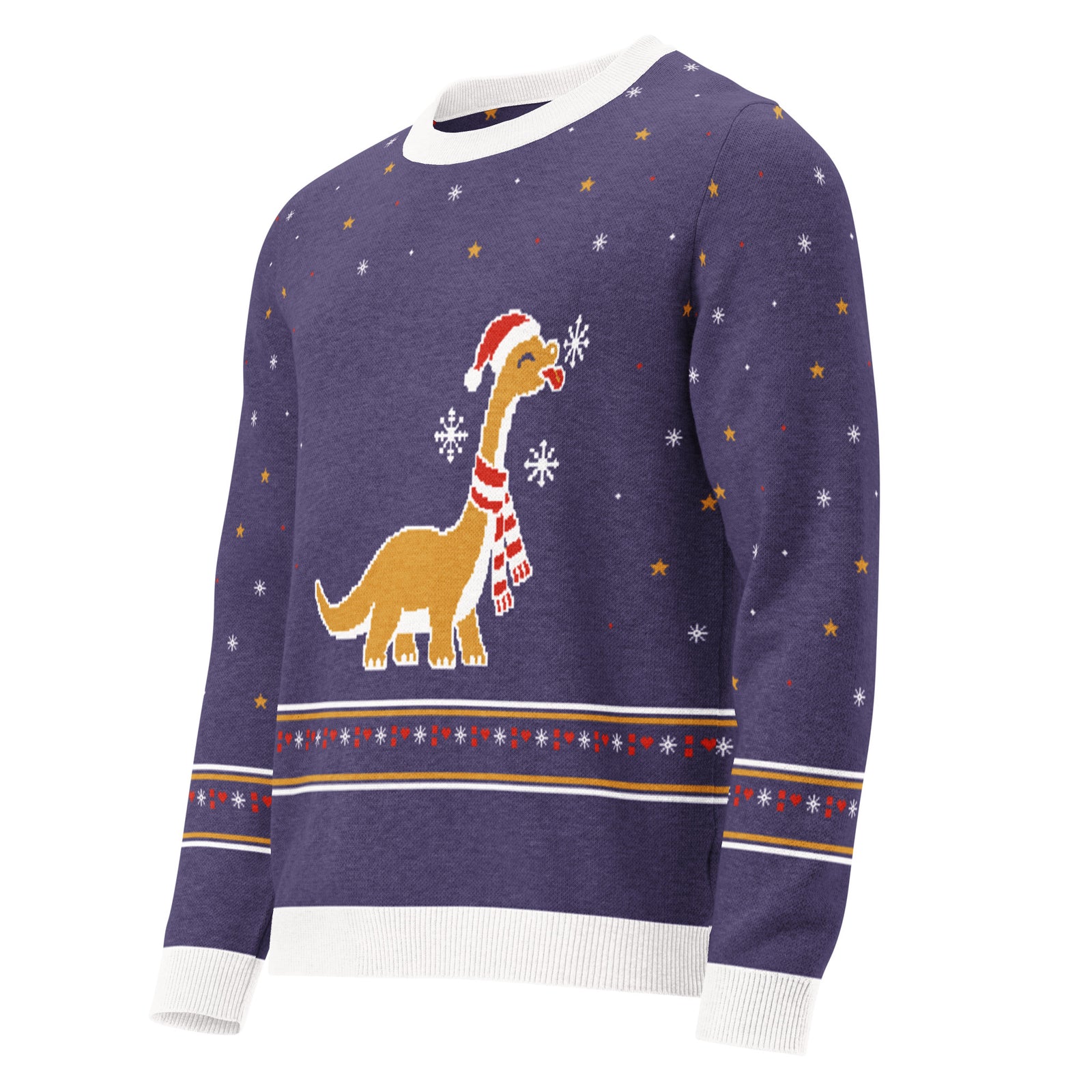 Angled front view of the violet Let It Snow brachiosaurus knitted Christmas sweater with a gold long-neck dinosaur in a Santa hat