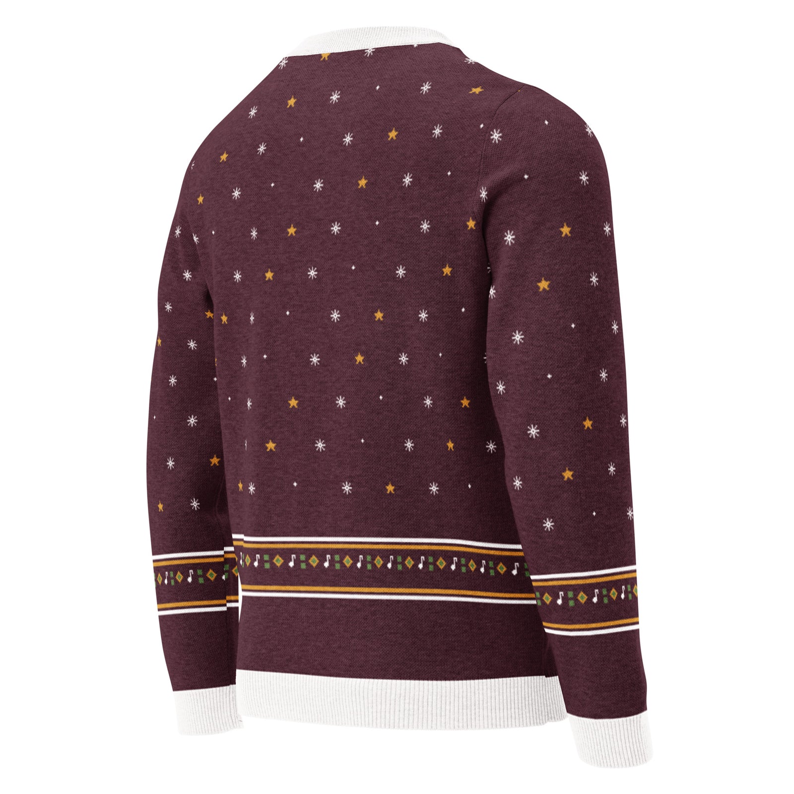Angled back view of the burgundy Fa La La La Roar knitted Christmas sweater with snowflakes, gold stars and a fair-isle band above the white hem