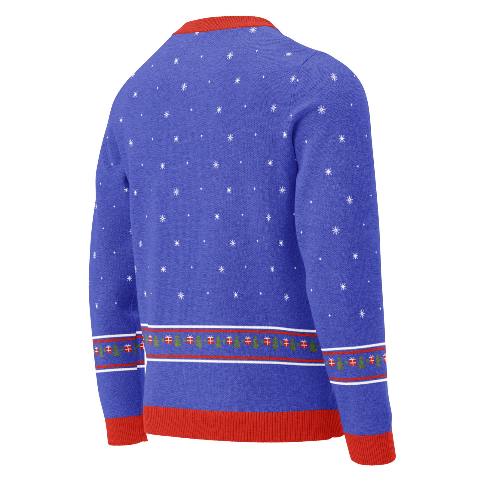 Angled back view of the royal blue Wrap Rex knitted Christmas sweater with snowflakes and a fair-isle present and tree band above the red hem