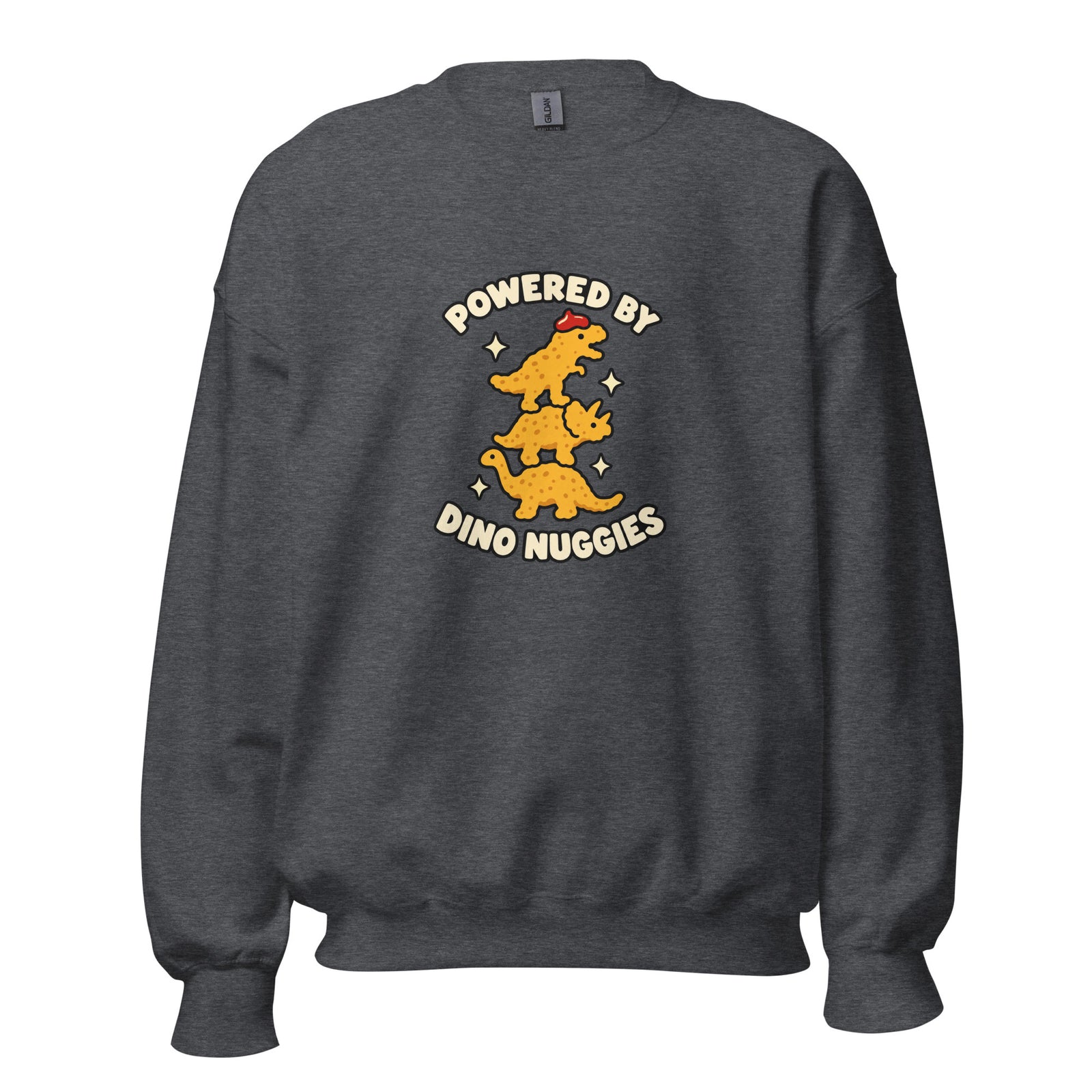 Dark Heather sweatshirt with Powered by Dino Nuggies design, front view
