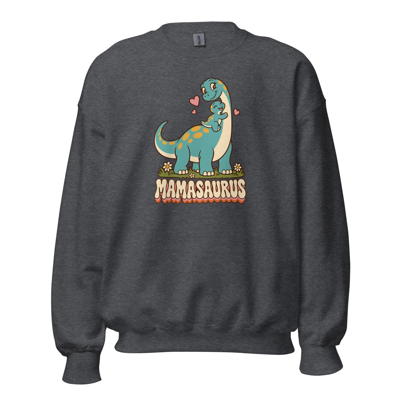 Retro Mamasaurus women's dinosaur crewneck sweatshirt with mama dinosaur and baby - Dark Heather - front view