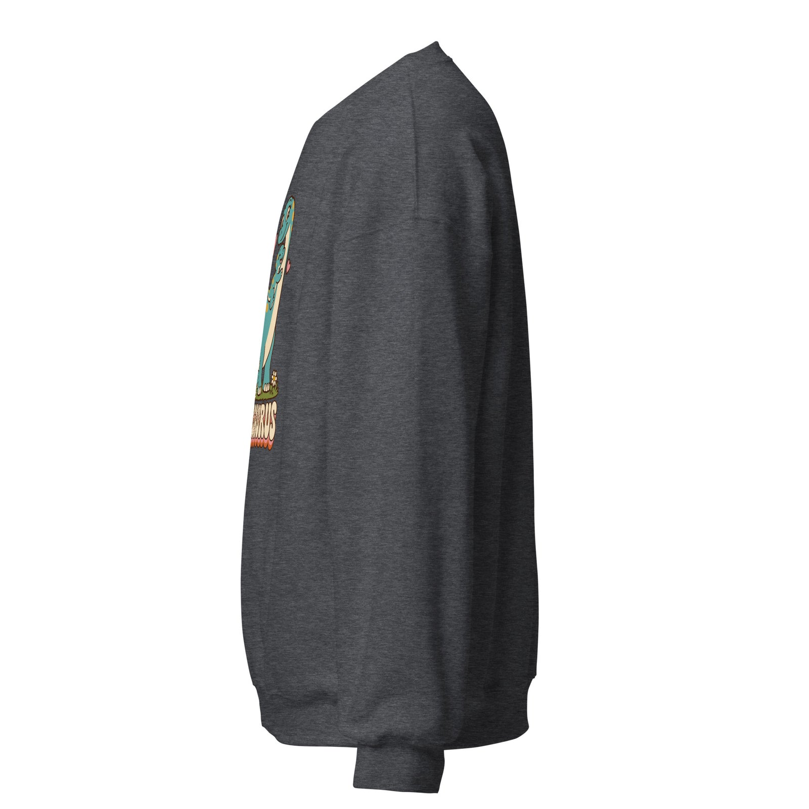 Retro Mamasaurus women's dinosaur crewneck sweatshirt with mama dinosaur and baby - Dark Heather - left view