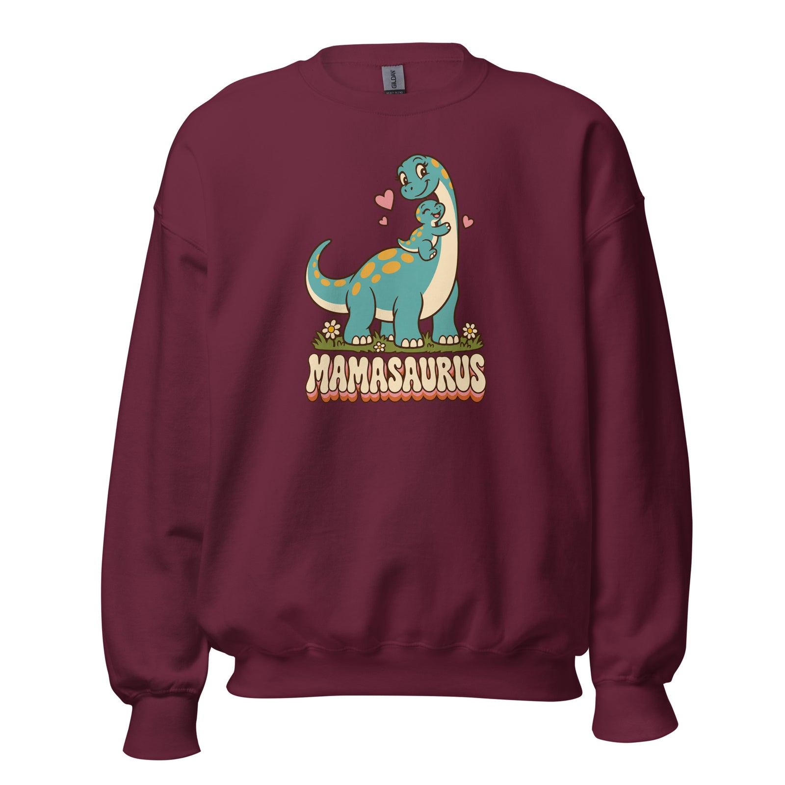 Retro Mamasaurus women's dinosaur crewneck sweatshirt with mama dinosaur and baby - Maroon - front view