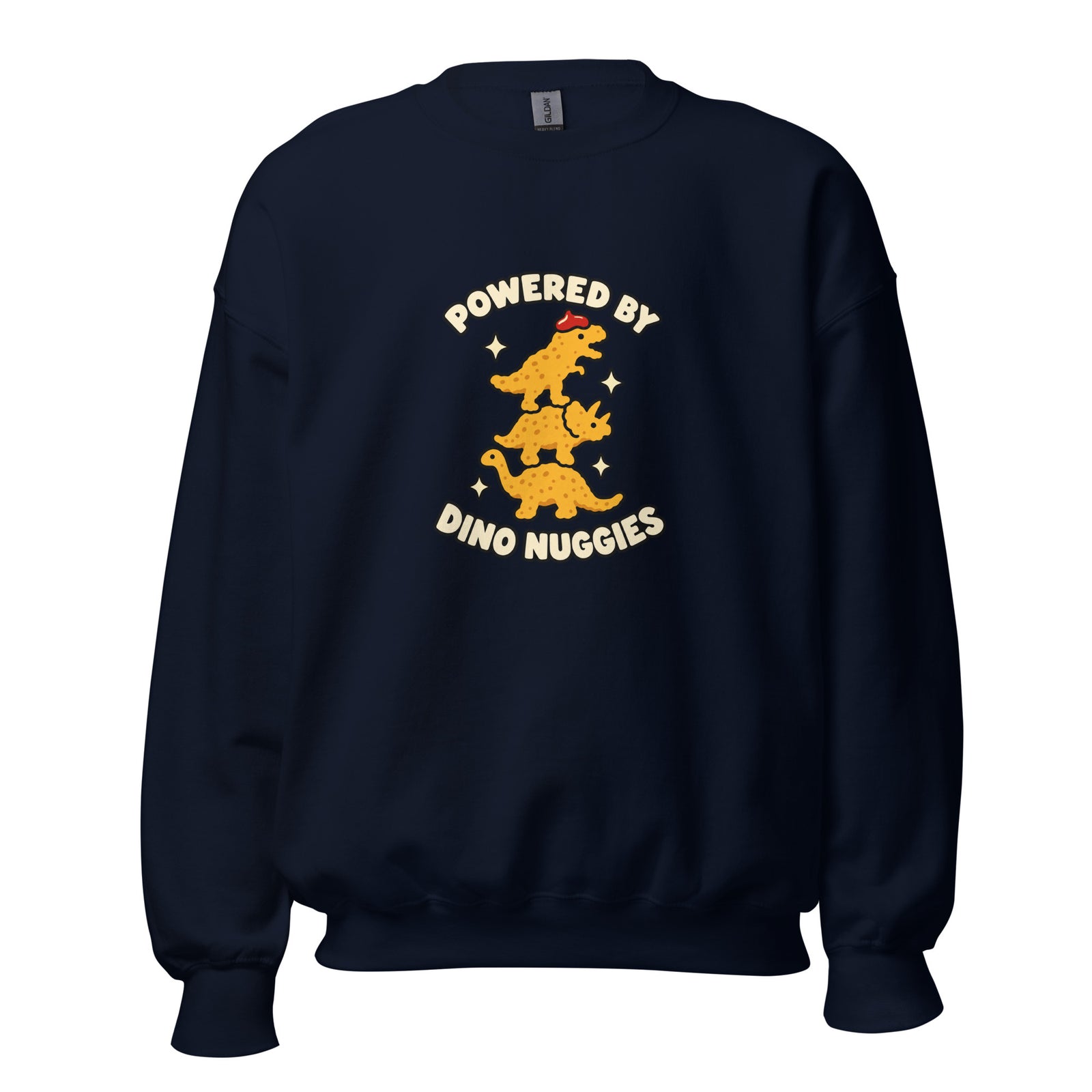 Navy sweatshirt with Powered by Dino Nuggies design, front view