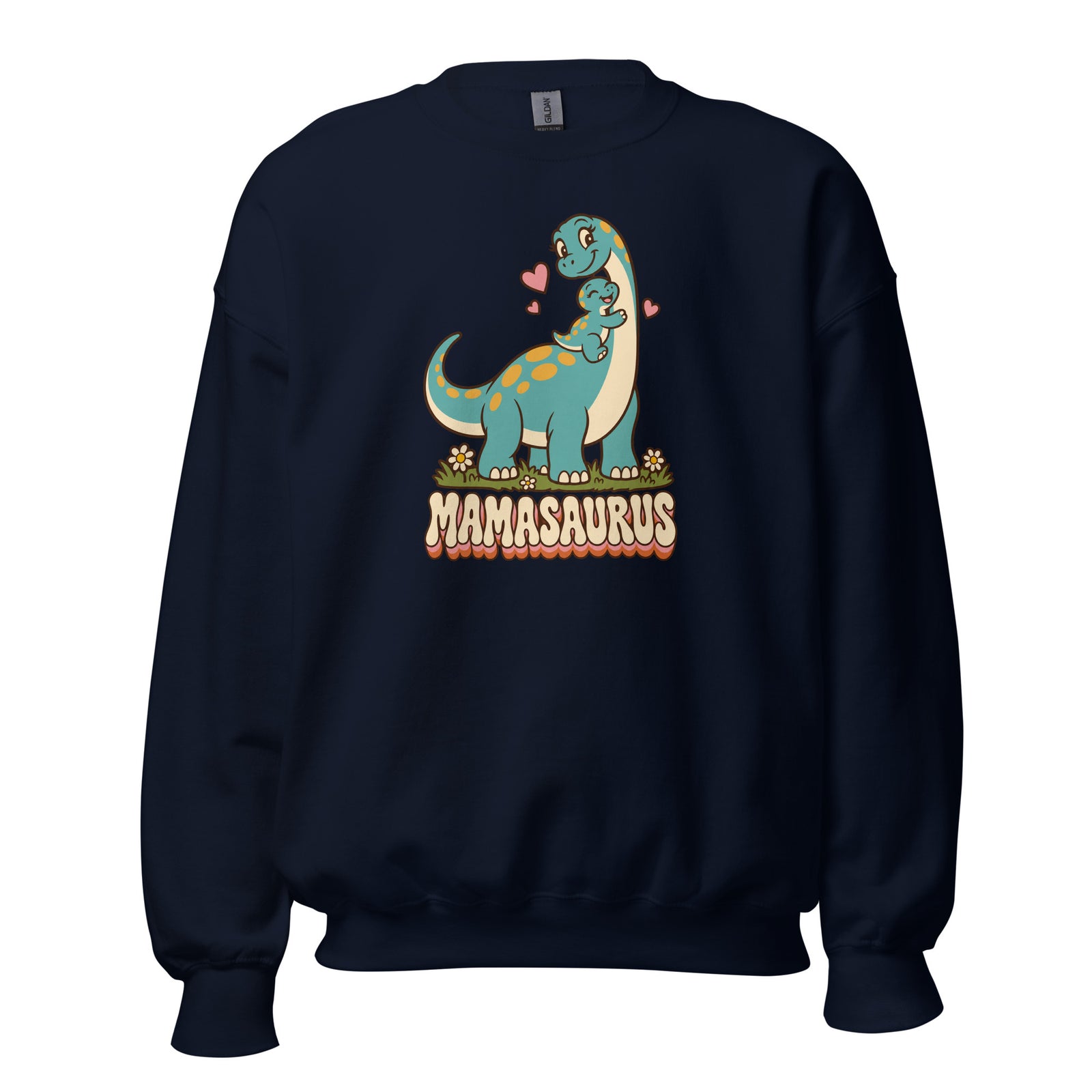 Retro Mamasaurus women's dinosaur crewneck sweatshirt with mama dinosaur and baby - Navy - front view