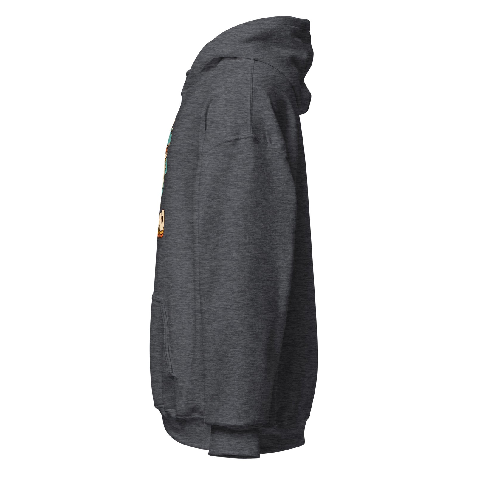 Piggyback Dino Dad dinosaur hoodie with T-Rex dad and baby dino - Dark Heather - left view