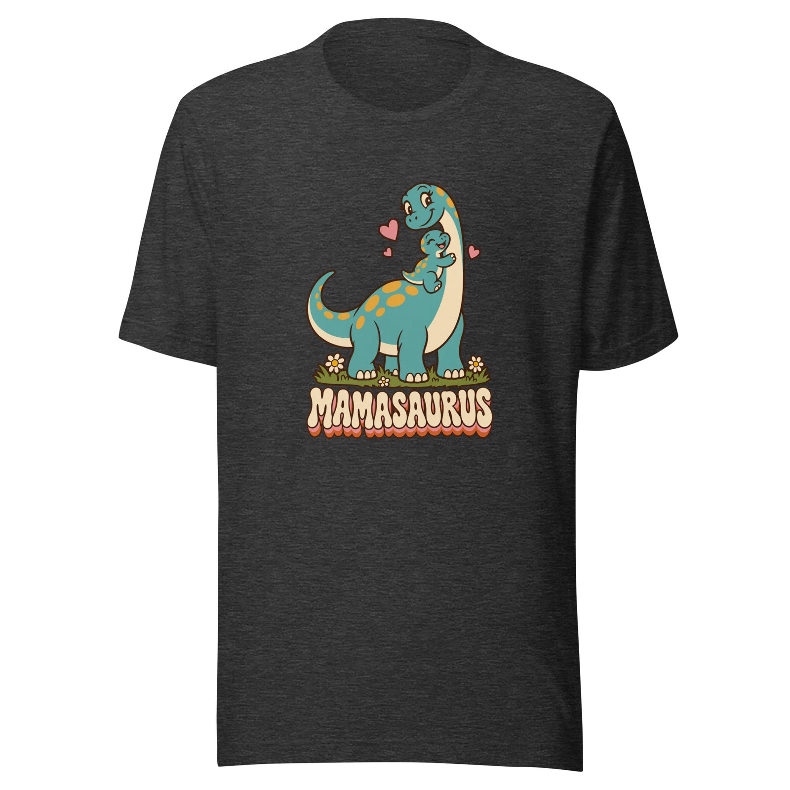 Retro Mamasaurus women's dinosaur t-shirt with mama dinosaur hugging baby - Dark Grey Heather - front view