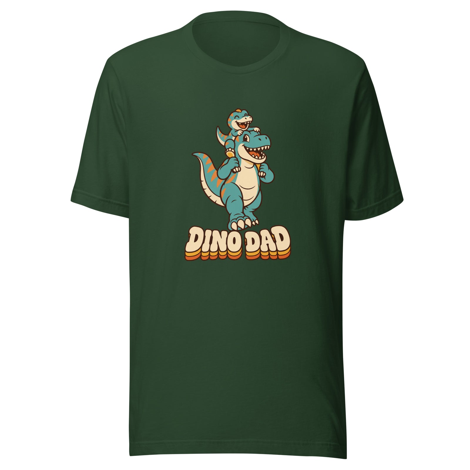Piggyback Dino Dad men's dinosaur t-shirt with T-Rex dad carrying baby dino - Forest - front view